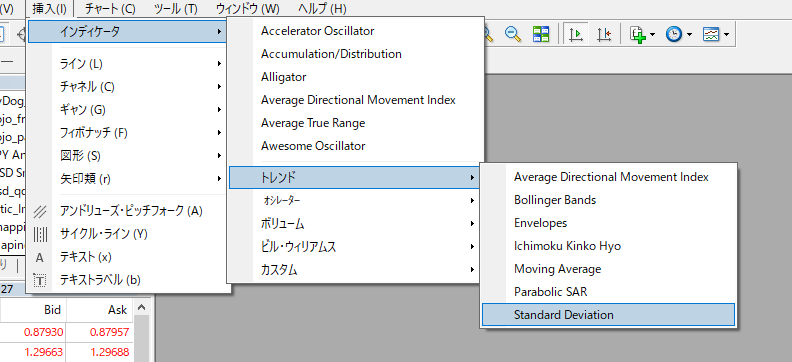 「トレンド」カテゴリー内の「Standard Deviation」を選択