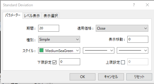 標準偏差インジケーターのパラメータ設定ダイアログ(期間20の入力例)