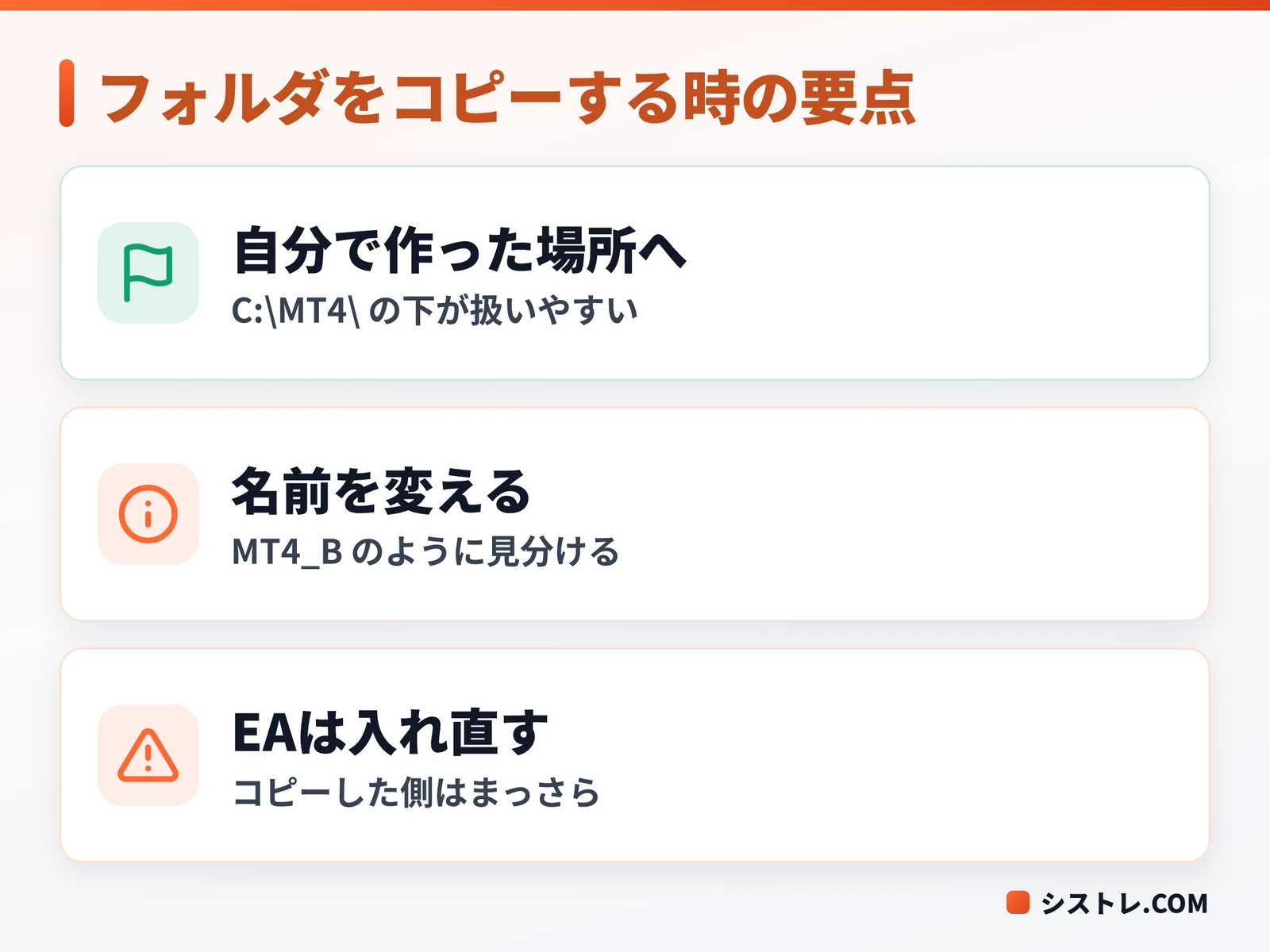 MT4 複数起動でフォルダをコピーするときの3つの要点の図