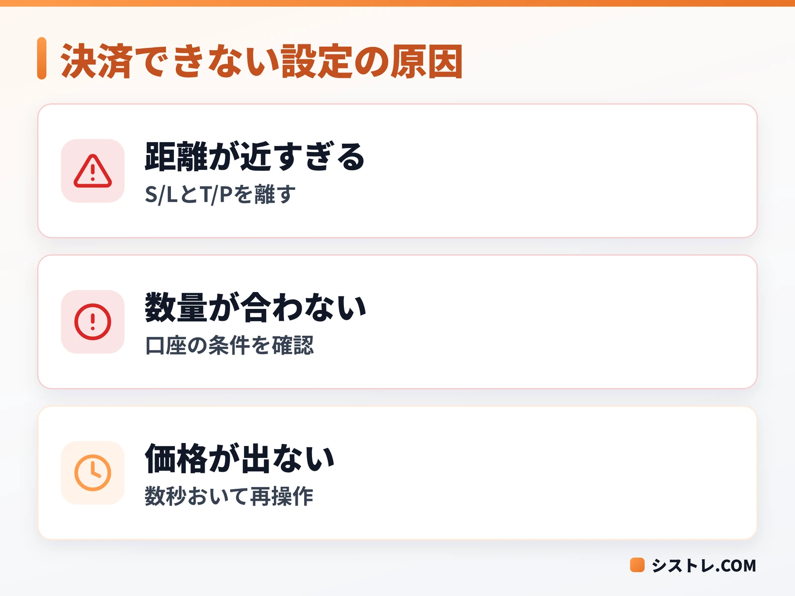 MT4の決済方法で決済できない時に確認する設定の原因を3つに分けた図