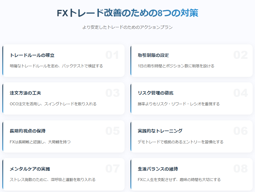 FXトレード改善のための8つの具体的対策を示すインフォグラフィック。トレードルールの確立、取引制限、注文方法の工夫、リスク管理、長期的視点、実践トレーニング、メンタルケア、生活バランスについての具体的なアドバイスを提示。