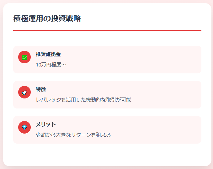 【積極運用の場合】

推奨証拠金：10万円程度～

特徴：レバレッジを活用した機動的な取引が可能

メリット：少額から大きなリターンを狙える