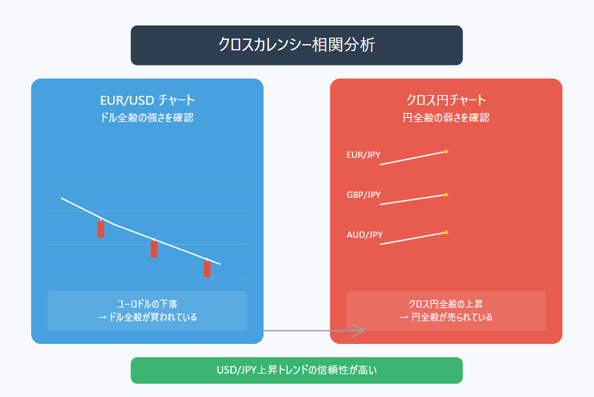 通貨間の相関分析図解：EUR/USDの下落によるドル買い圧力とクロス円全般（EUR/JPY、GBP/JPY、AUD/JPY）の上昇による円売り圧力を示す相関チャート。両者の組み合わせからUSD/JPYの上昇トレンドの信頼性を分析したインフォグラフィック。