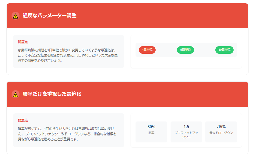 過度なパラメーター調整
例えば、移動平均線の期間を1日単位で細かく変更していくような最適化は、却って不安定な結果を招きかねません。5日や10日といった大きな単位での調整を心がけましょう。
勝率だけを重視した最適化
勝率が高くても、1回の損失が大きければ長期的な収益は望めません。プロフィットファクターやドローダウンなど、総合的な指標を見ながら最適化を進めることが重要です。