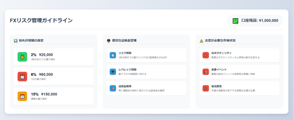N
適切な証拠金管理
1回の取引での最大リスクは口座残高の2%以内

レバレッジは最大でも10倍程度に抑える

常に複数回の損失に耐えられる証拠金を維持

リスク管理の具体例
たとえば、100万円の口座の場合

1回の最大損失許容額：2万円（2%）

1日の最大損失許容額：6万円（6%）

週間の最大損失許容額：15万円（15%）

このような明確な基準を設けることで、感情的な取引を防ぎ、長期的な成功につながります。

気をつけるべき市場状況
急激なボラティリティの上昇時

重要な政治イベントの発表時

市場の流動性が低下する時期