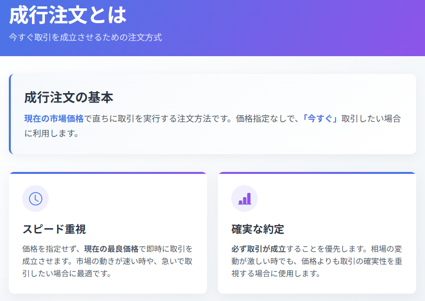 現在価格で即時取引できる成行注文の仕組みと特徴