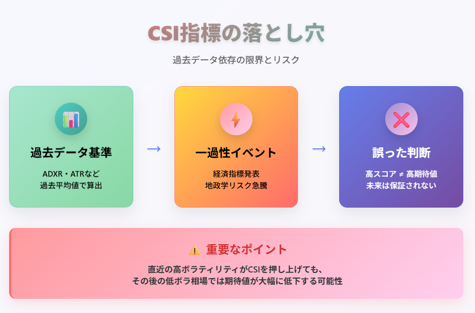 SI指標の限界を示すインフォグラフィック。過去データ依存のリスクを視覚的に解説」