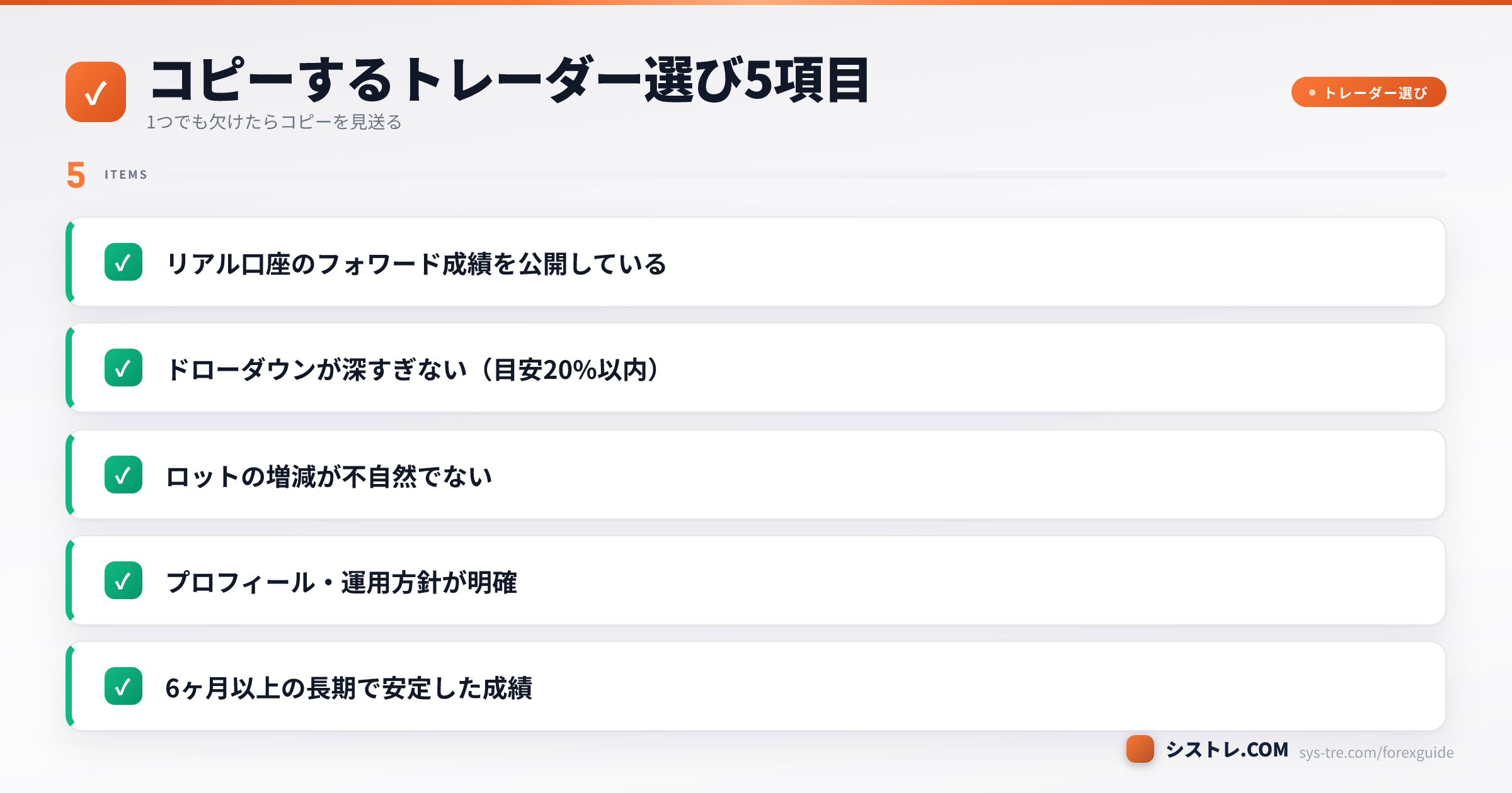 コピーするトレーダー選びのチェック5項目(フォワード公開・DD20%以内・ロット・運用方針・6ヶ月以上の安定)