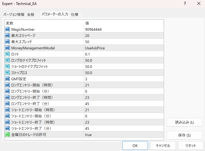 FXユーザーがシストレ.COMで無料で利用できるEAのパラメータの画像です。