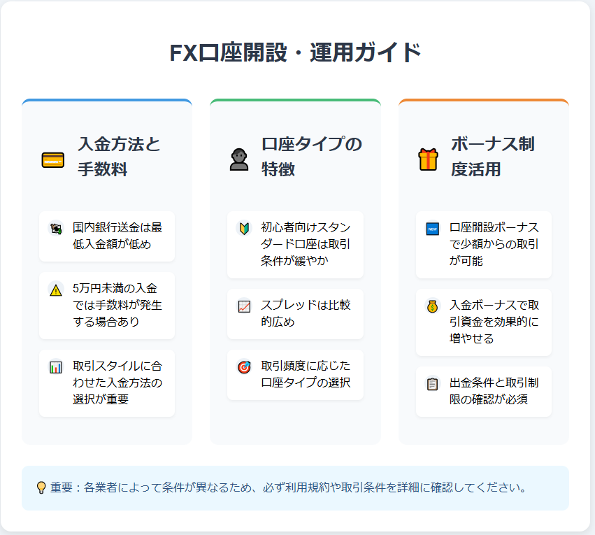 FX口座開設の3大ポイント：入金方法、口座タイプ、ボーナス制度の特徴と注意点を図解解説